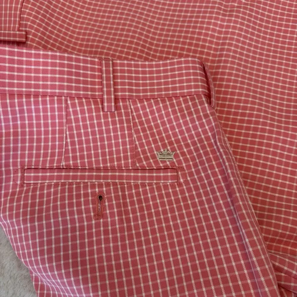 Peter Millar Men's Pink/White Check Chino Shorts Cotton Flat Front 10